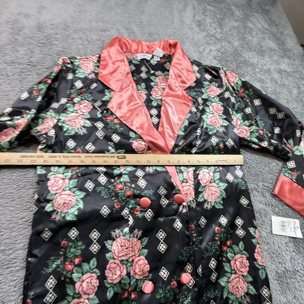 Kathryn Womens S Satin Robe NWT Black Pink Floral Print Long Sleeve Sleepwear - Picture 5 of 6